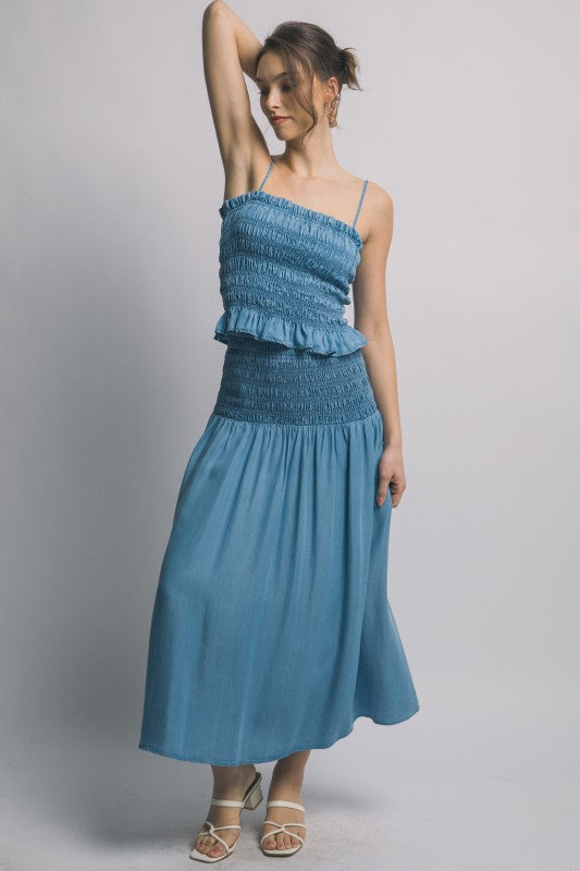Falda Midi con Cintura Fruncida - Azul