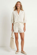 Blusa Fluida con Mangas Abullonadas y Ribetes - Blanco Roto