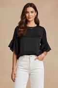 Blusa Fluida con Mangas de Volantes y Cuello Redondo - Negro